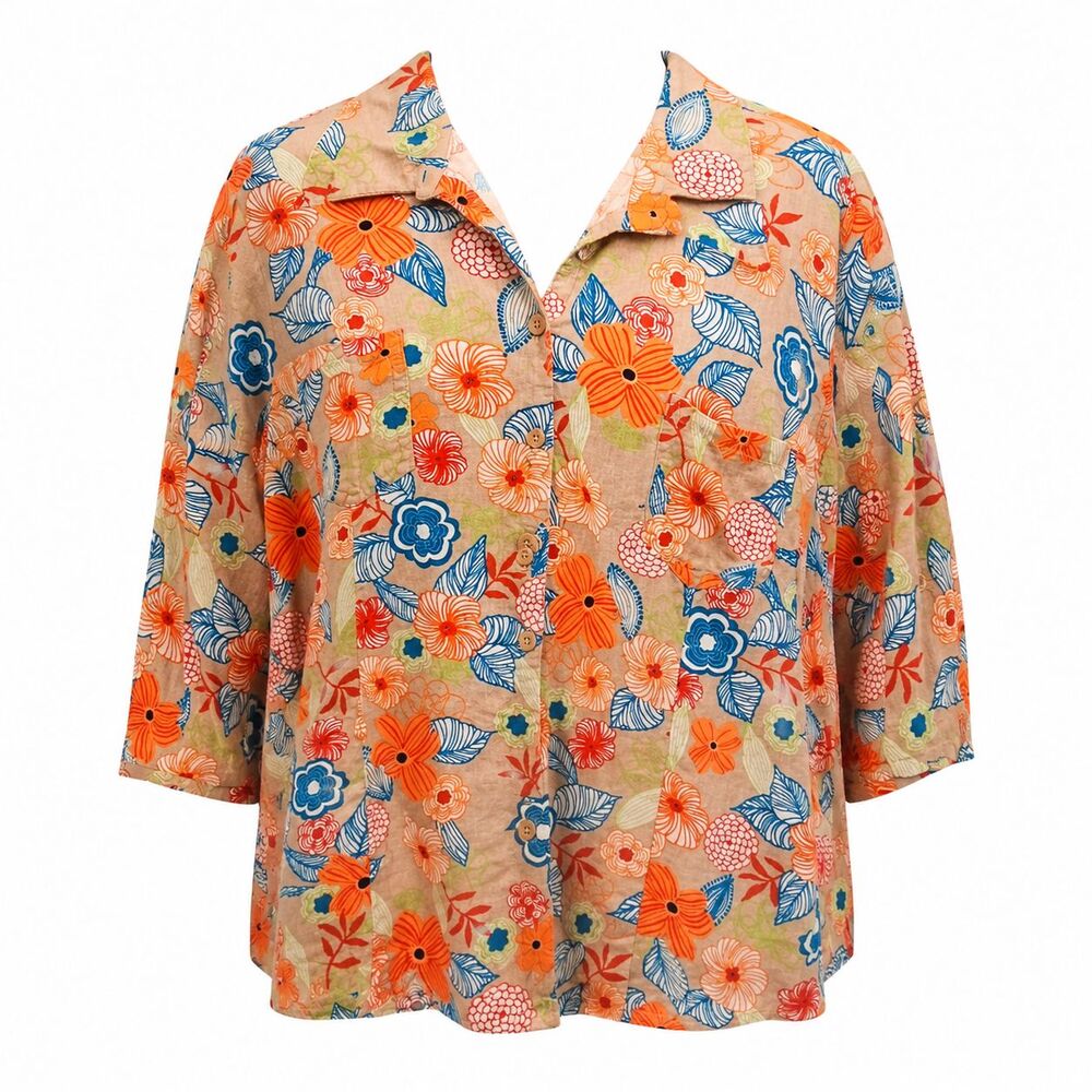 Linen Blend Bright Floral Button-up Just My Size Top Size 4X Summer Vacation